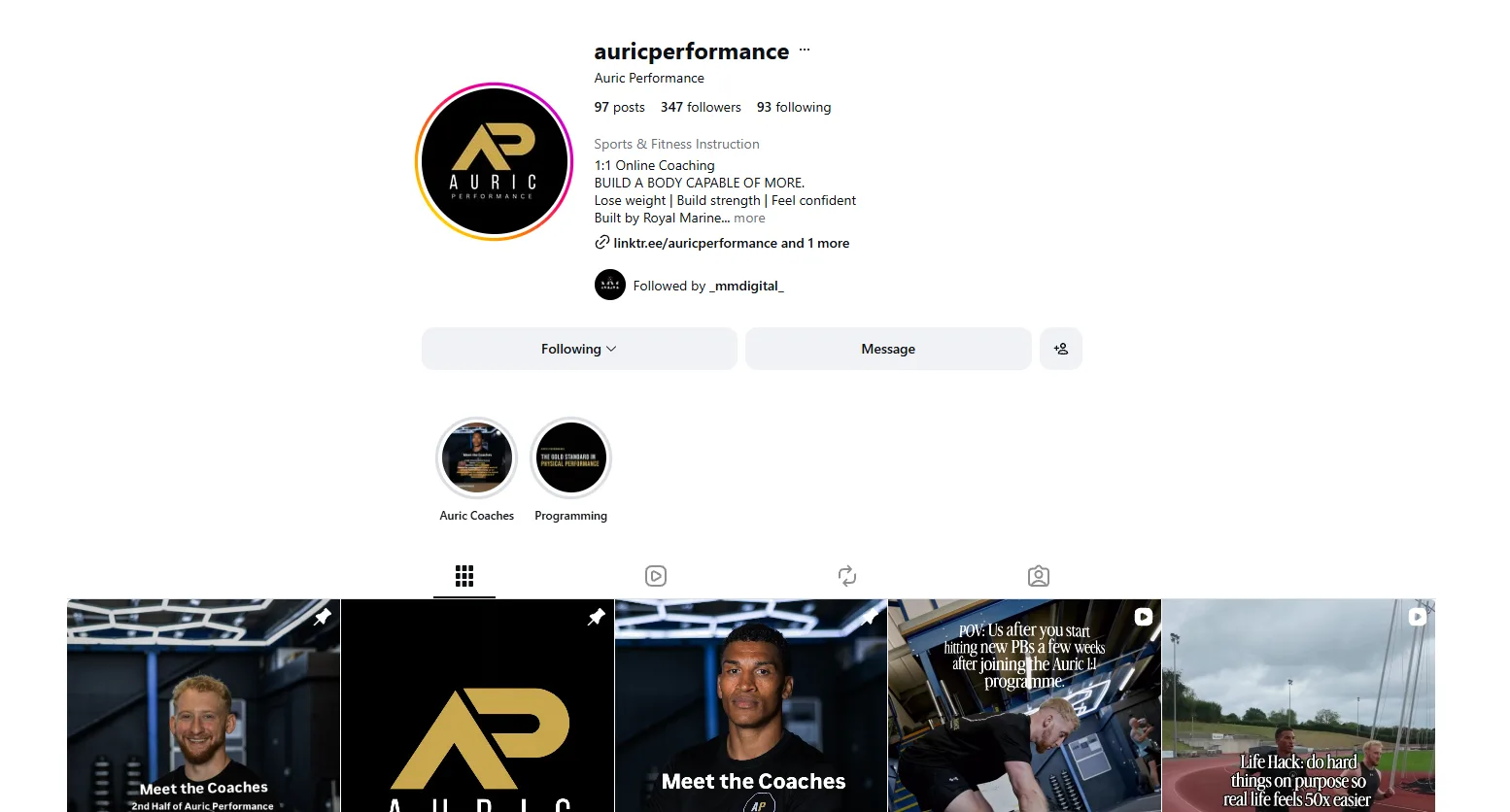 The Auric Performance Instagram page