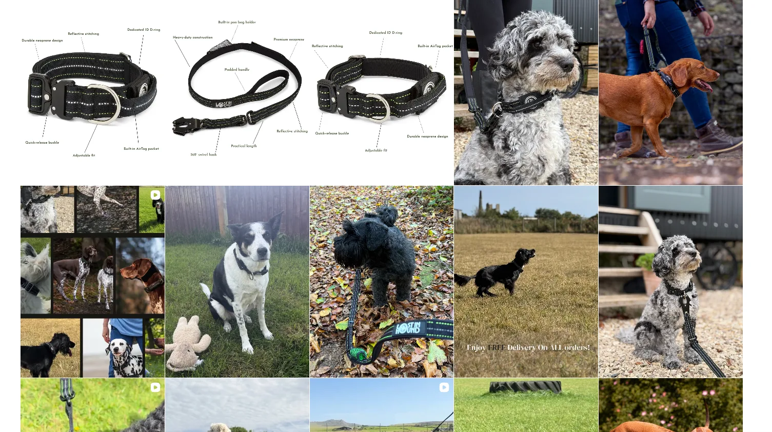 The Lost In Hound Instagram grid of product details and dogs wearing the collars