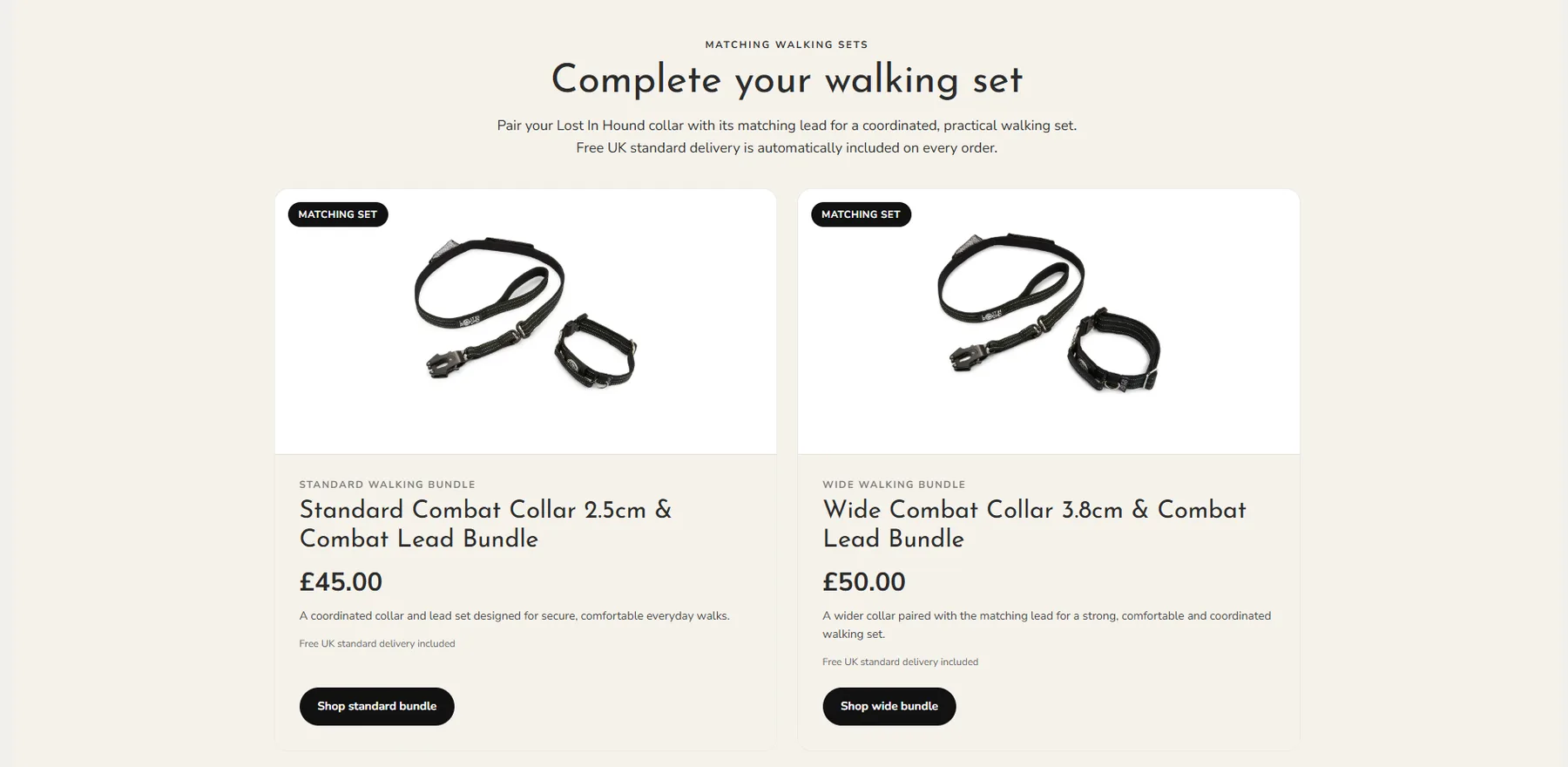 The Lost In Hound shop, showing the collar and lead bundles