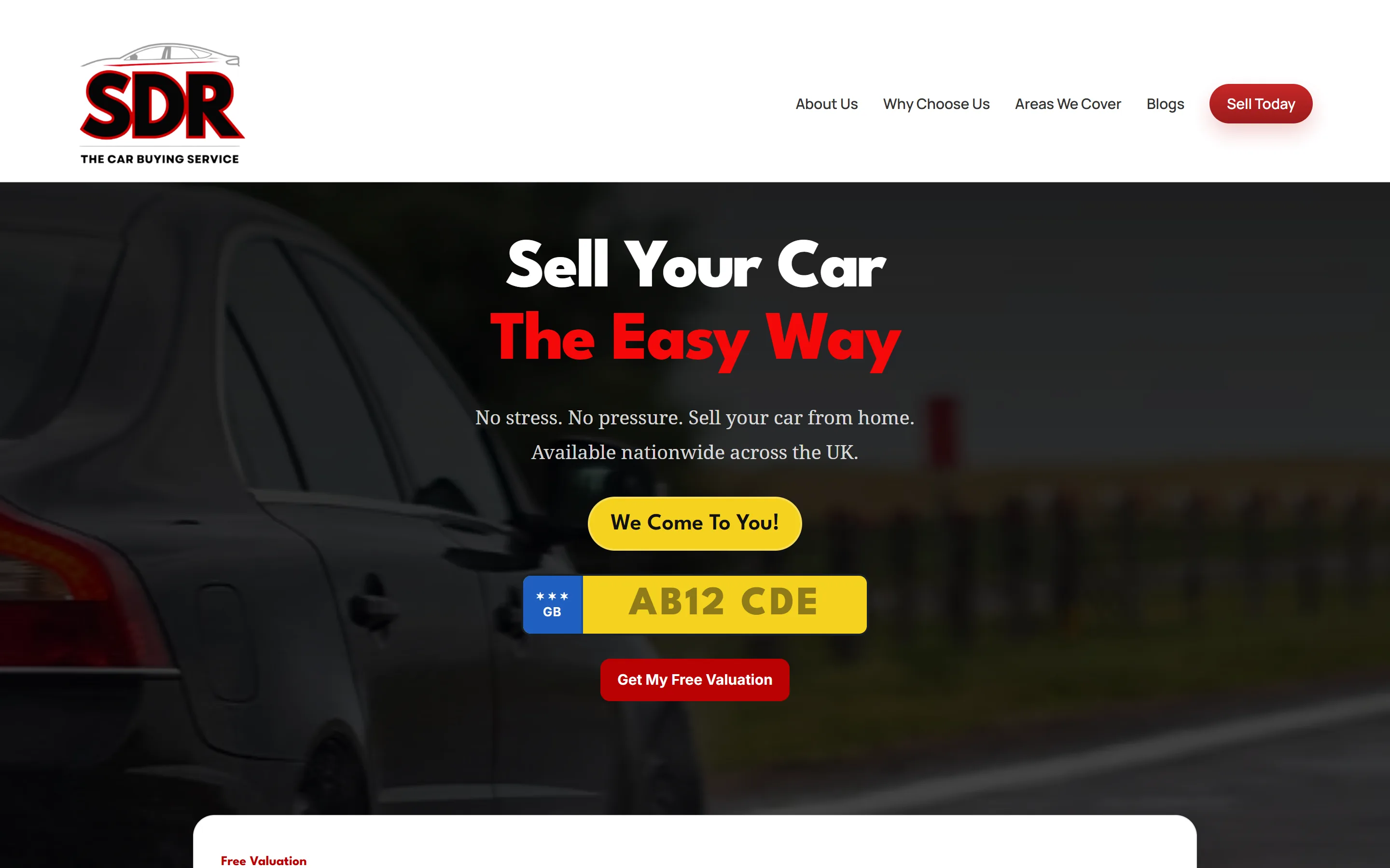 The SDR homepage, with the sell your car valuation