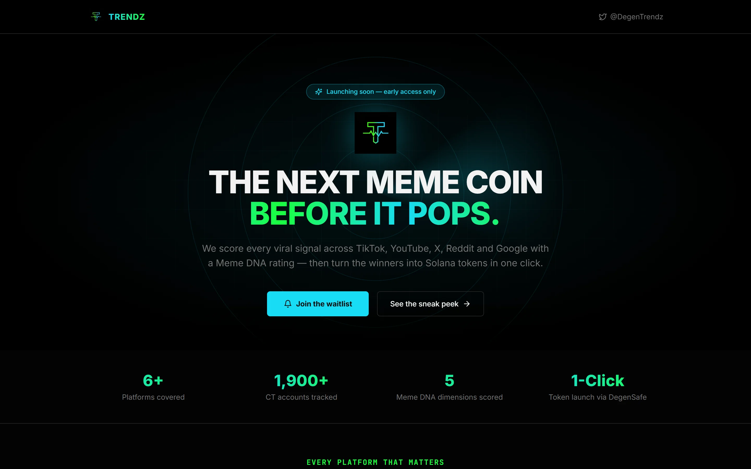 The Trendz early-access homepage, with the waitlist and the line The next meme coin before it pops