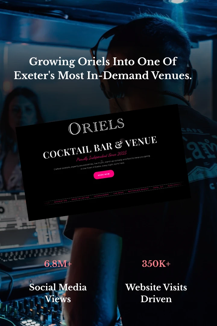 Growing Oriels into one of Exeter's most in-demand venues: 6.8M+ social media views and 350K+ website visits driven