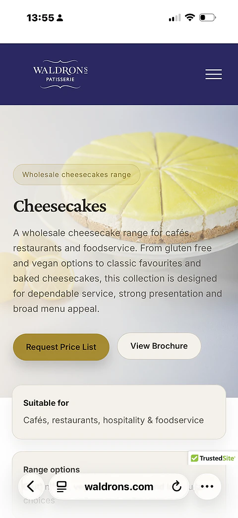 The Waldrons Patisserie website on a phone